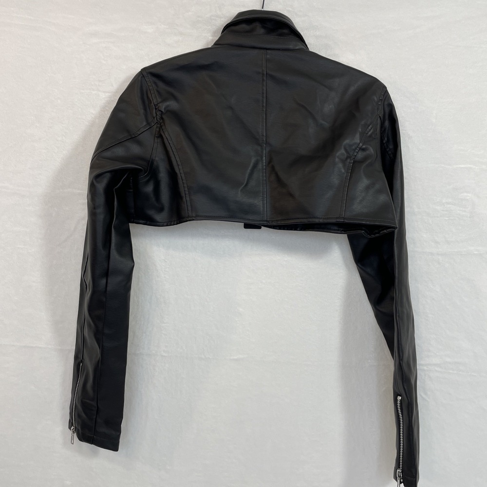 Fashion Nova Womens M Cropped Faux Leather Moto Jacket Zip L Sleeve+Belt NWTAGS - Picture 9 of 13